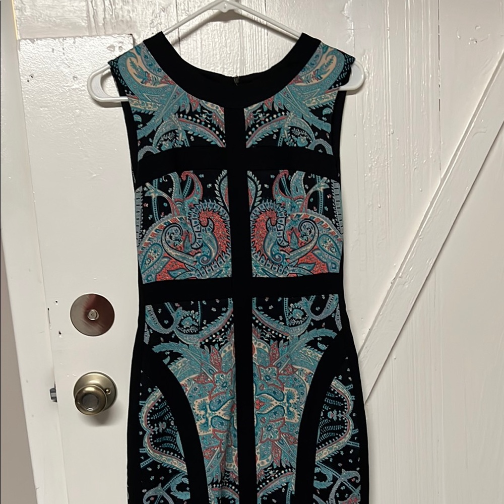 BCBGMaxAzria Black and Teal Paisley Midi Dress